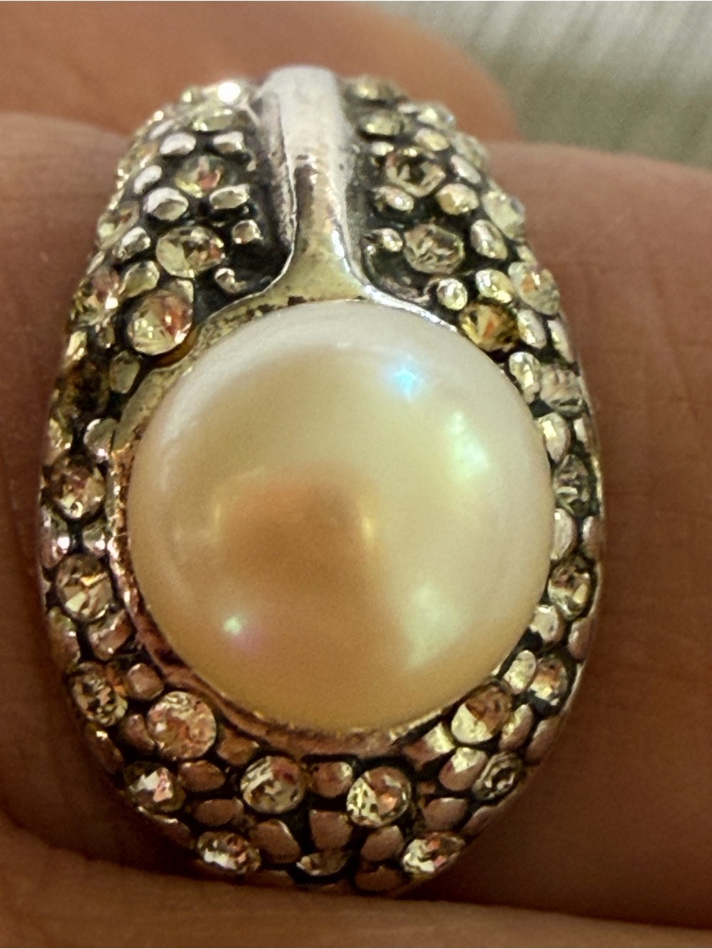 Vintage 925 Sterling Silver Pearl Ring Art Deco Marcasite Style